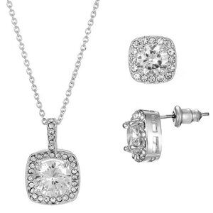 PRIMAVERA 2pc Contemporary Halo Silver Plated Clear CZ Necklace + Earrings Set